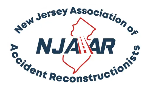 red, blue and white badge and/or sticker for NJAAR, New Jersey Association of Accident Deconstructionists. Badge contains a graphic of the state of new jersey with a highway. Crash reconstructionist Accident investigator Accident investigations Accident expert Fleet consultant Fleet consulting Trucking Safety consulting Driver safety training