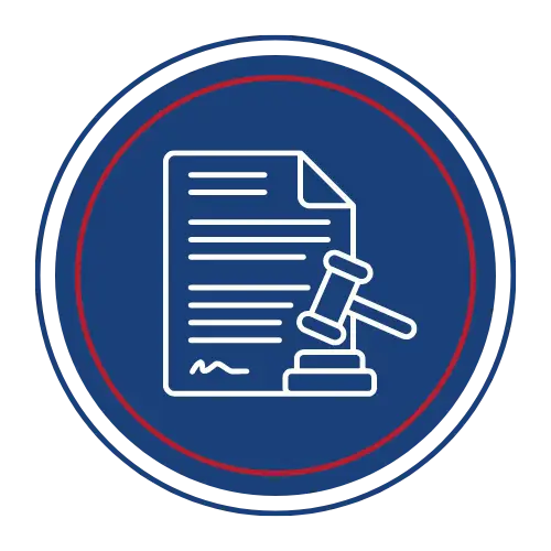 red, white and blue round graphic with an icon of a signed document and a court gavel. New Jersey Crash reconstructionist Accident investigator Accident investigations Accident expert Fleet consultant Fleet consulting Trucking Safety consulting Driver safety training