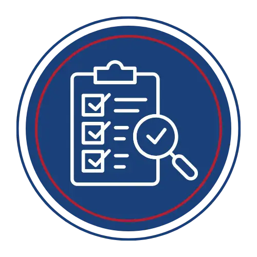 red, white and blue round graphic with an icon of a clipboard with a check list and a magnifying glass. New Jersey Crash reconstructionist Accident investigator Accident investigations Accident expert Fleet consultant Fleet consulting Trucking Safety consulting Driver safety training