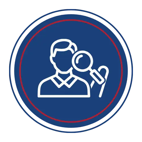 red, white and blue round graphic with an icon of a man holding a magnifying glass. New Jersey Crash reconstructionist Accident investigator Accident investigations Accident expert Fleet consultant Fleet consulting Trucking Safety consulting Driver safety training