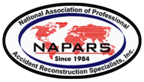 black, blue, red and white badge of NAPARS, National Association of Professional Accident Reconstruction Specialists, Inc. Badge with a red world map on it. Crash reconstructionist Accident investigator Accident investigations Accident expert Fleet consultant Fleet consulting Trucking Safety consulting Driver safety training
